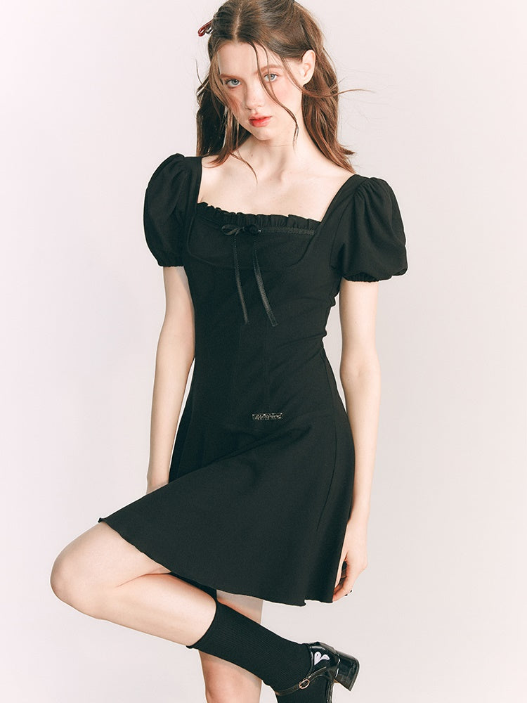 Elasticity Cut-sew Puff Sleeves One-piece