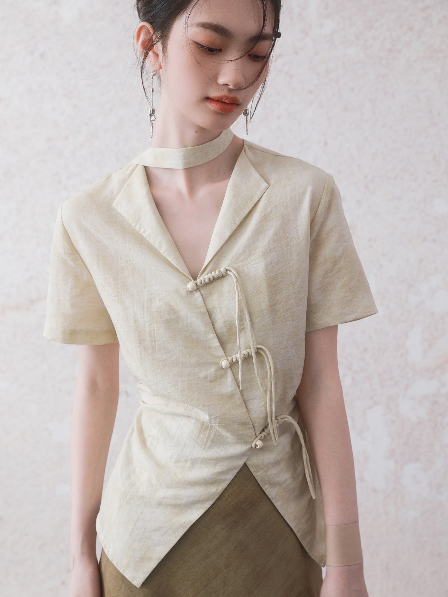 Neck Streamer Chinese Style Placket Button Shirt