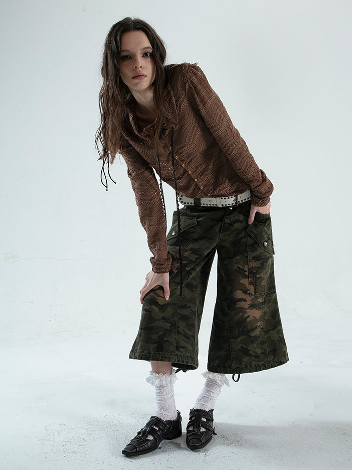 Low-Rise Loose Work Camouflage Cropped Flared Pants