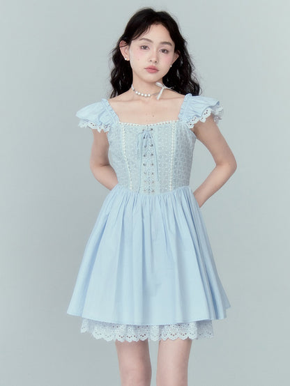 Stitching Lace Jacquard Flying Sleeve Dress