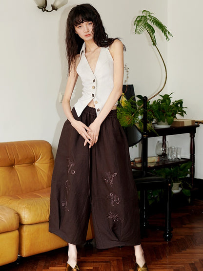 Embroidery Loose Bloomers Wide Leg Pants