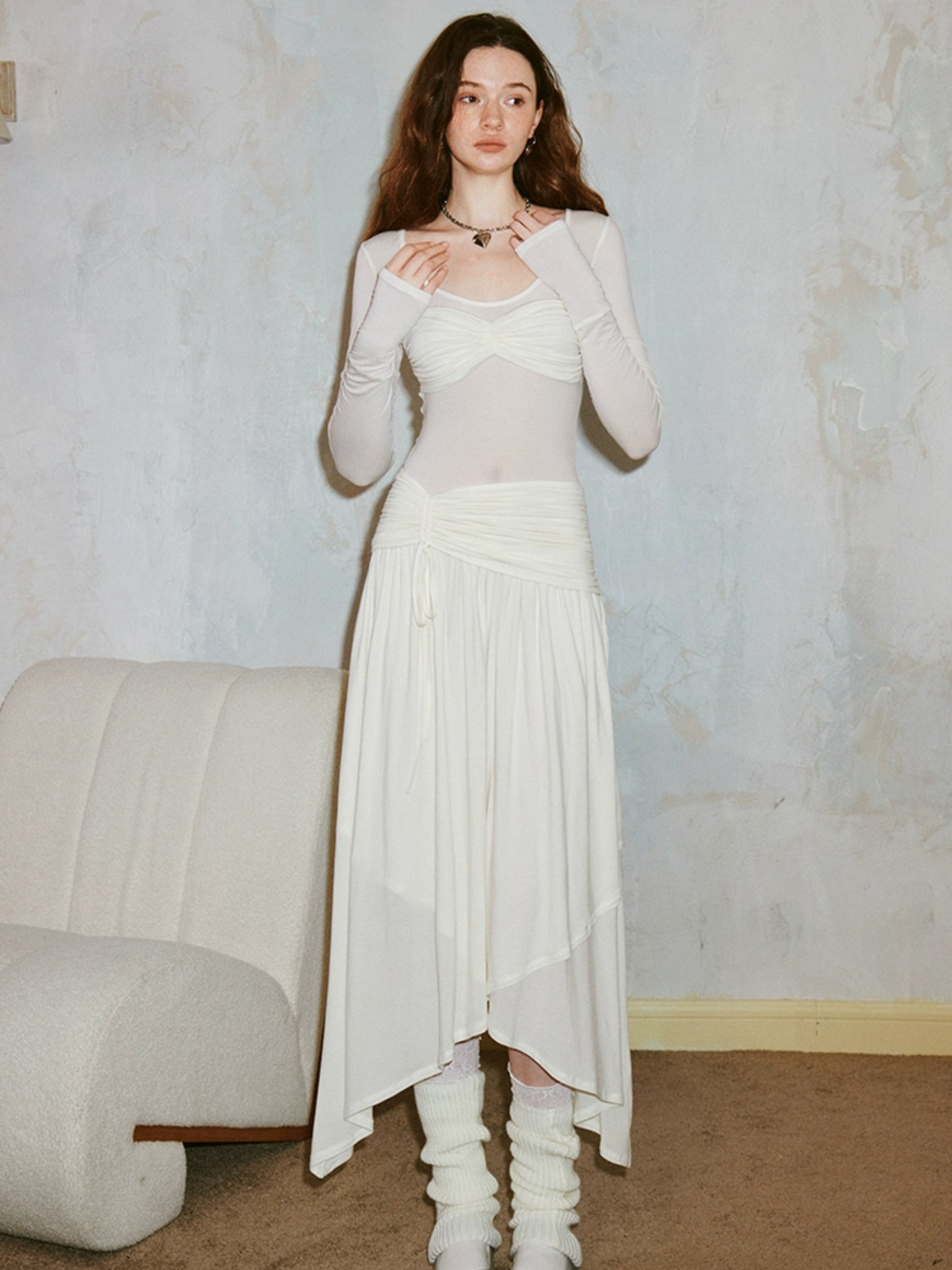 Classic Irregular Hem Long-sleeved Sheer Dress