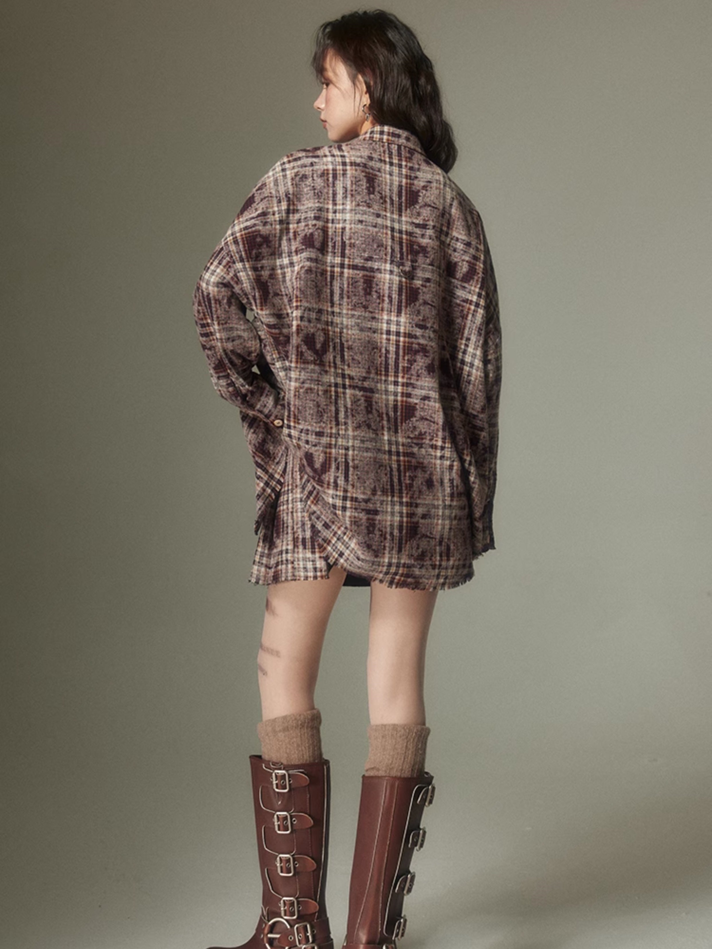 Plaid Loose Long Sleeve Shirt ＆ Pleated Skirt