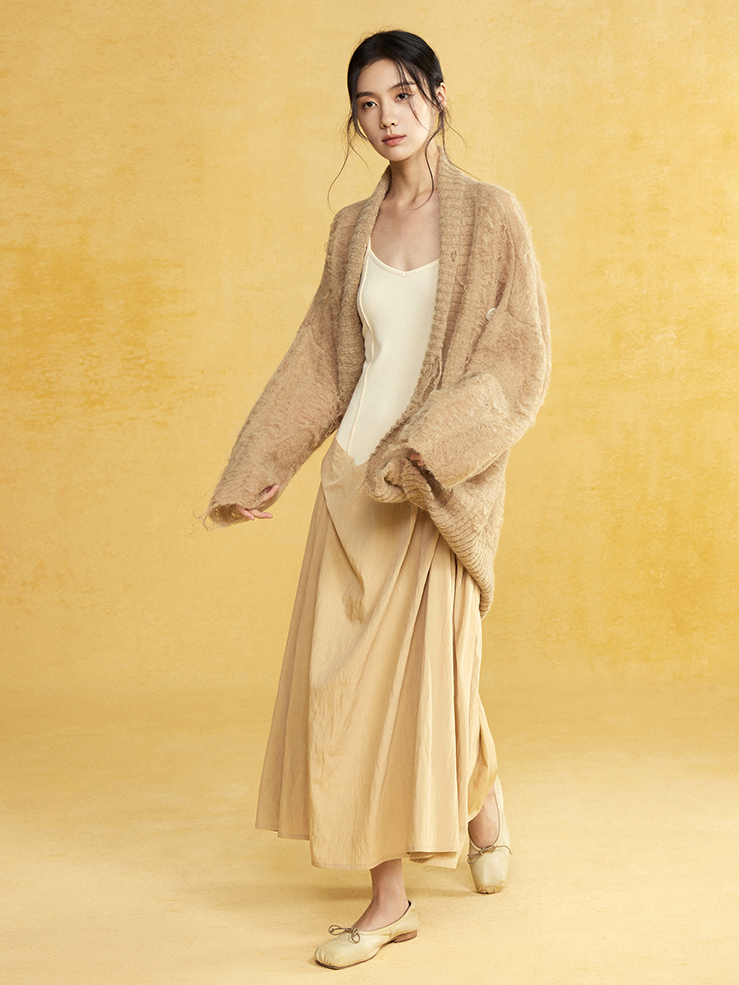 Mohair Curved Hem Loose Knitted Cardigan