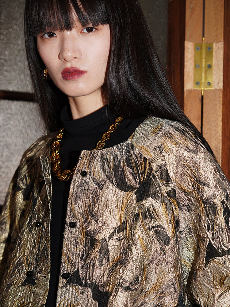 Jacquard Loose No-Collar Jacket