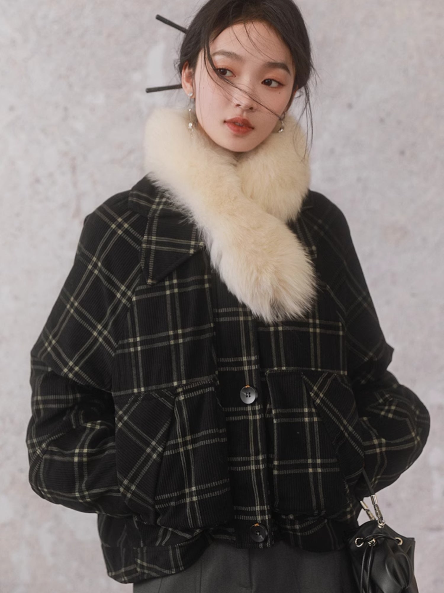 Furlar abnehmbares Design Plaid Cord Down Jacke