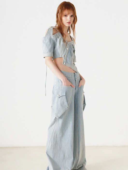 Denim-Asymmetrie-Halfter-Neck-Top-Top