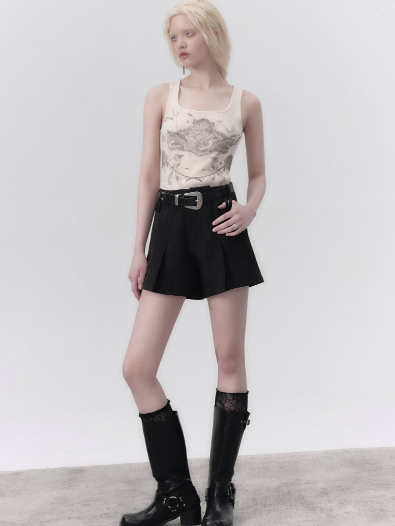 Double Belt Three-dimensional Pleated Shorts