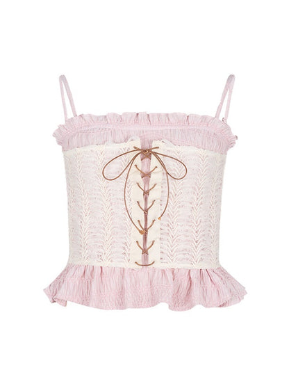 Layered Design Lace-up Shirring Camisole