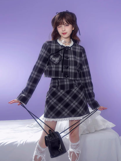 Checkered Lace Stitch No-Collar Jacket ＆ A-Line Skirt