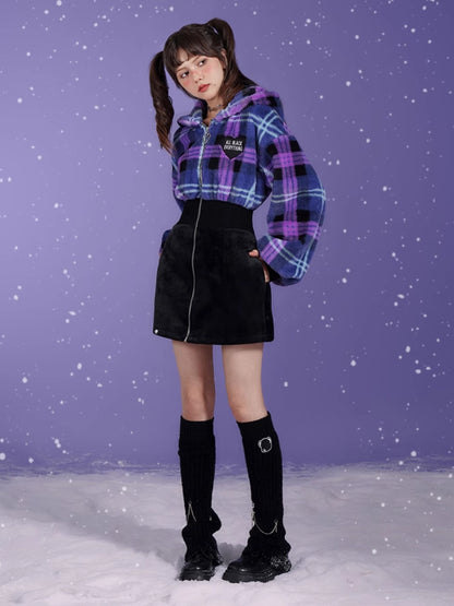 Plaid Fur Plush Switching Design Hooded Dress