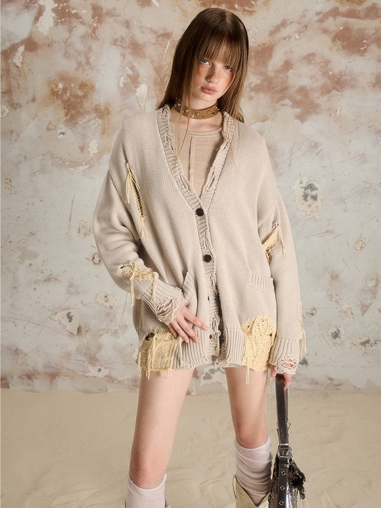 Ripped Long-sleeved V-neck Knitted Cardigan