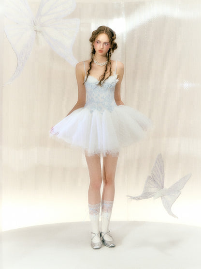 Flower Pearl Butterfly Ballet Style Mesh Suspender Dress