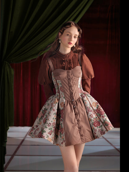 Doll Jacquard Splicing Fishbone Suspender Dress ＆ Puff Sleeve Shirt