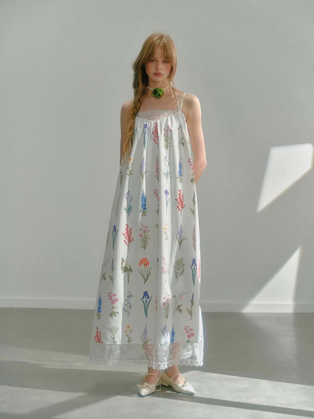 Romantic Forest Printed Spliced Lace Long Suspender Dress