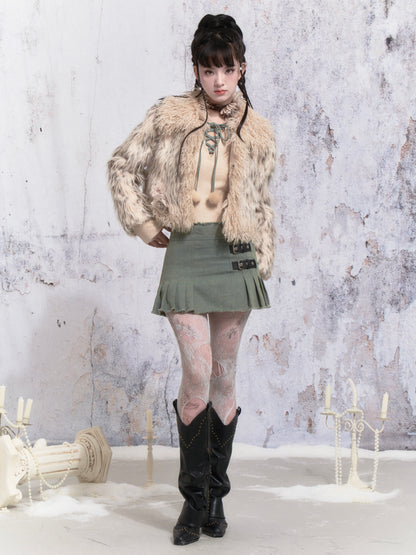 Flower Accent Stitching Fur Short Coat