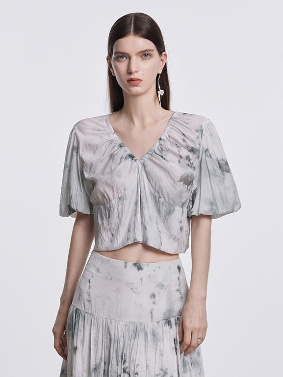 Tie-dye V-Neck Puff Sleeve Top &amp; Gather Long Skirt