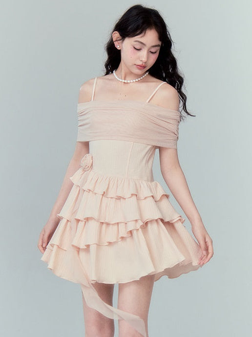 Strap Off-shoulder Ruffle Stitching Dress