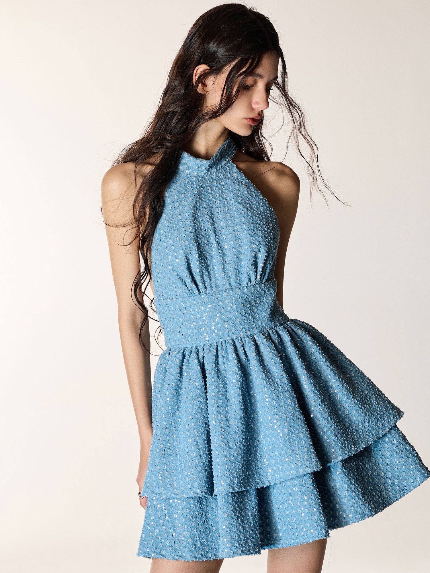 Sequin Embroidered Denim Bow Tiered Dress