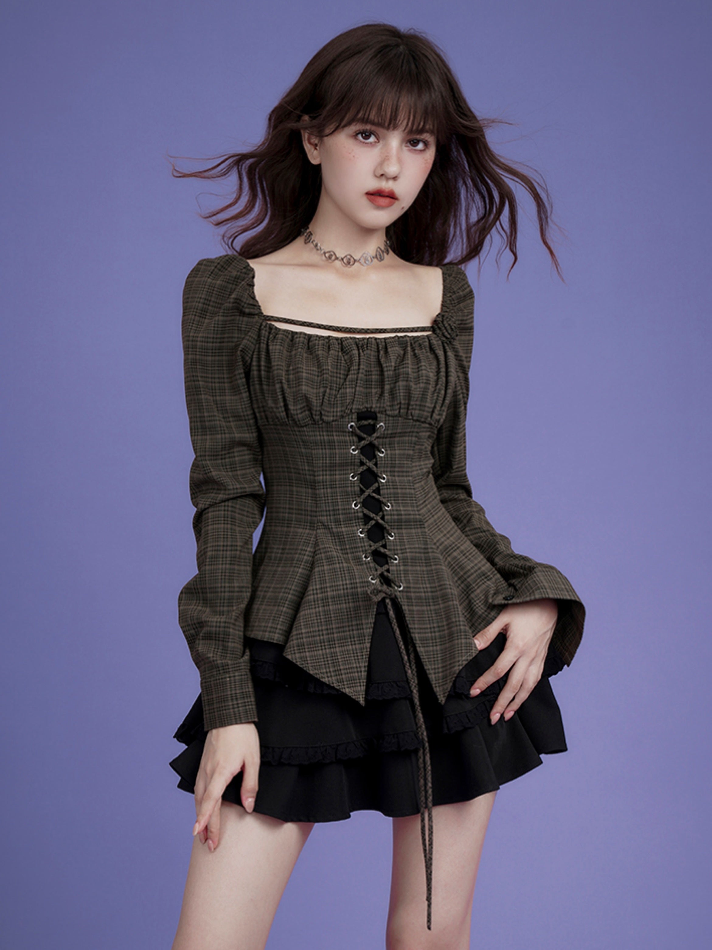 Plaid Lace-Up Irregular Hem Top