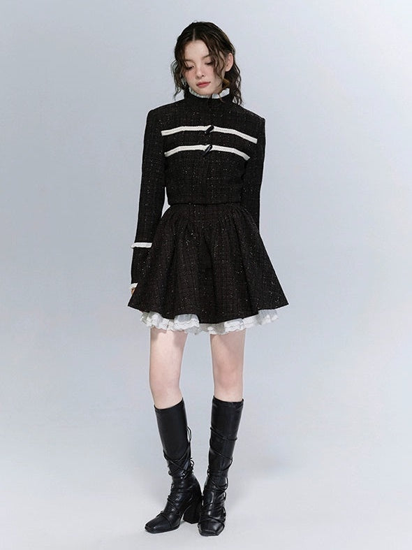 Tweed Stand-Collar Cropped Jacket ＆ Lace Stitch Short Pleated Skirt