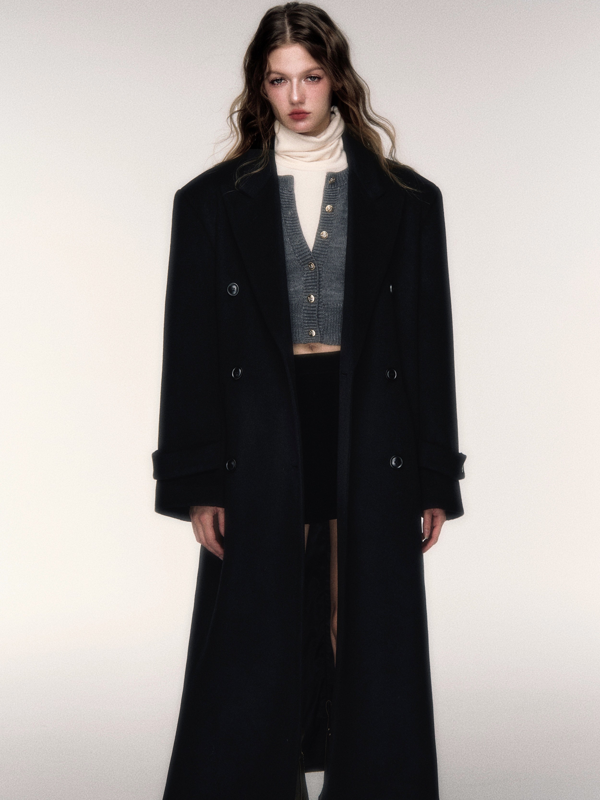 Detachable Navy Collar Double-breasted Coat