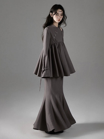 Chinese Style Cut-out Peplum Top ＆ Mermaid Long Skirt