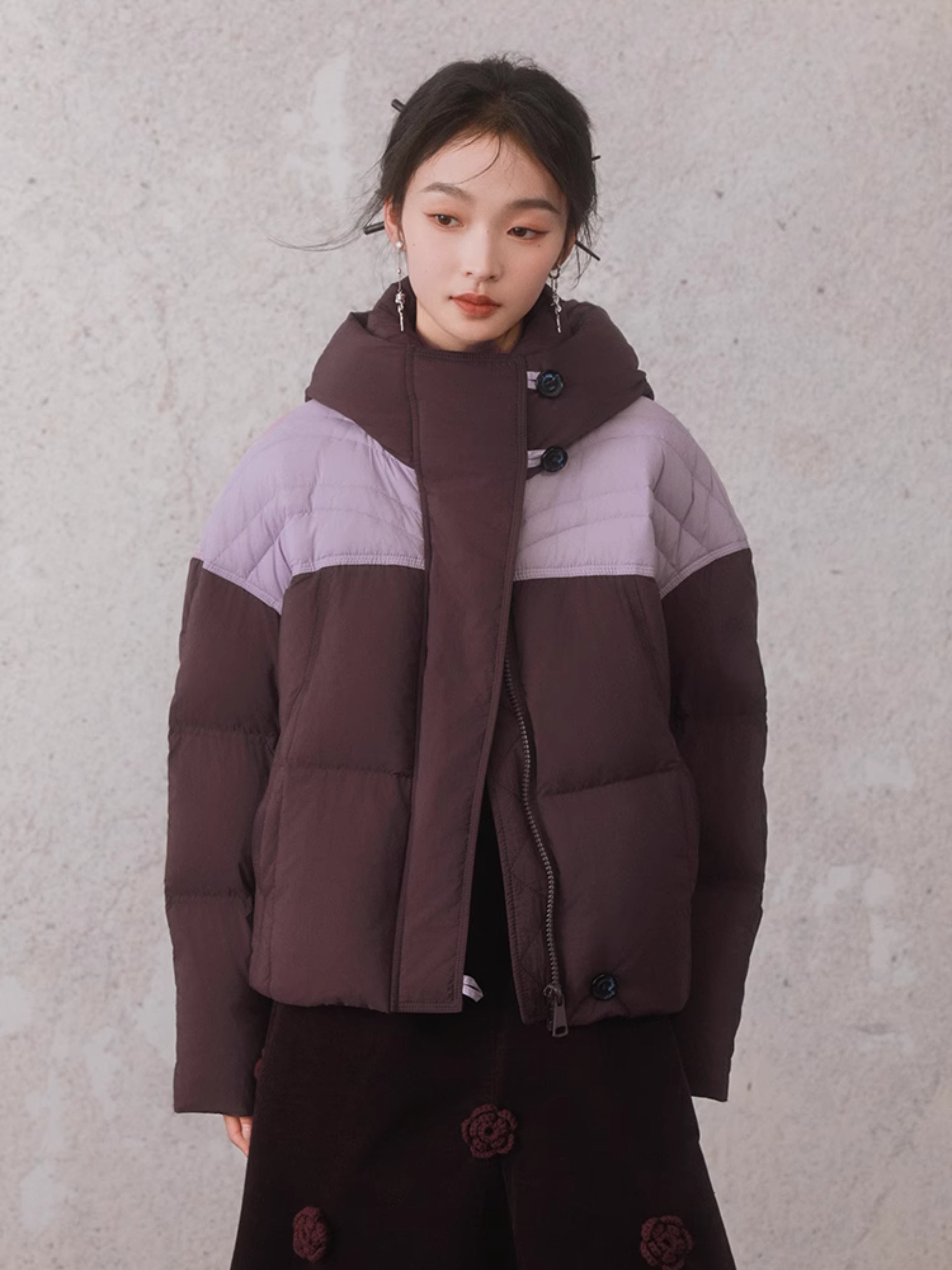 Color Blocking Hooded Loose Down Jacket F