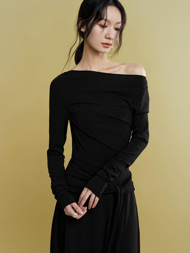 Loose Pleated Waist Ribbon Knit Dress