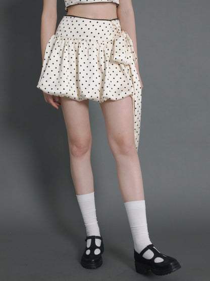 Polka Dot Short Sleeve Cropped Top ＆ Ribbon Bud Skirt