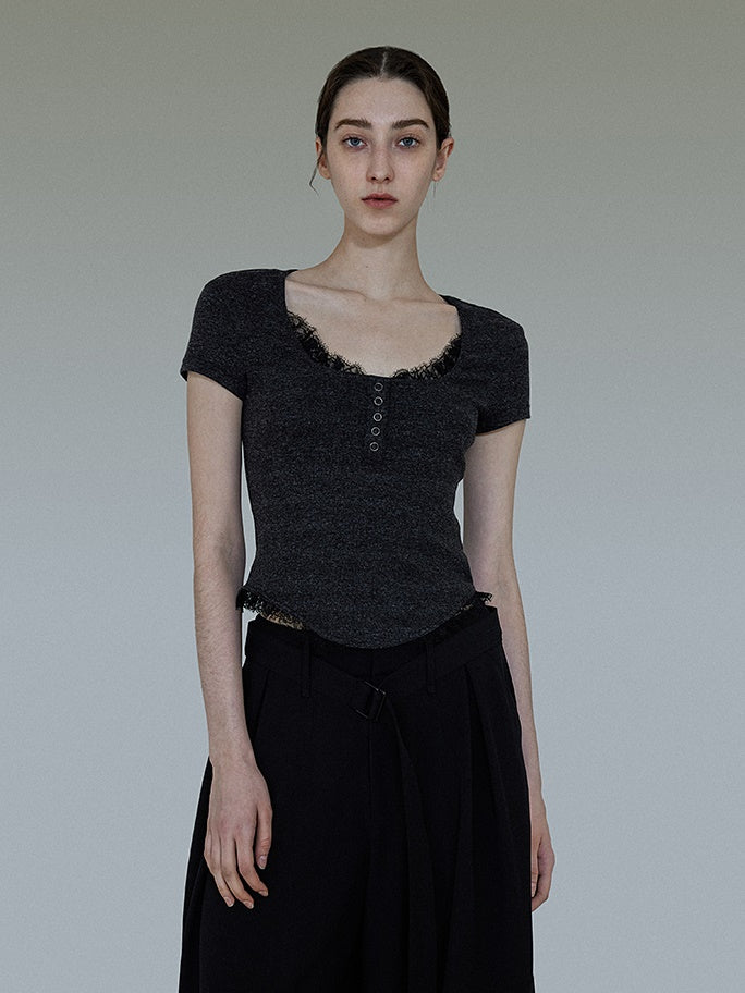 Lace Stitching Short-sleeved Sweater