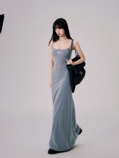 Square Neck Slim Suspender Long Dress