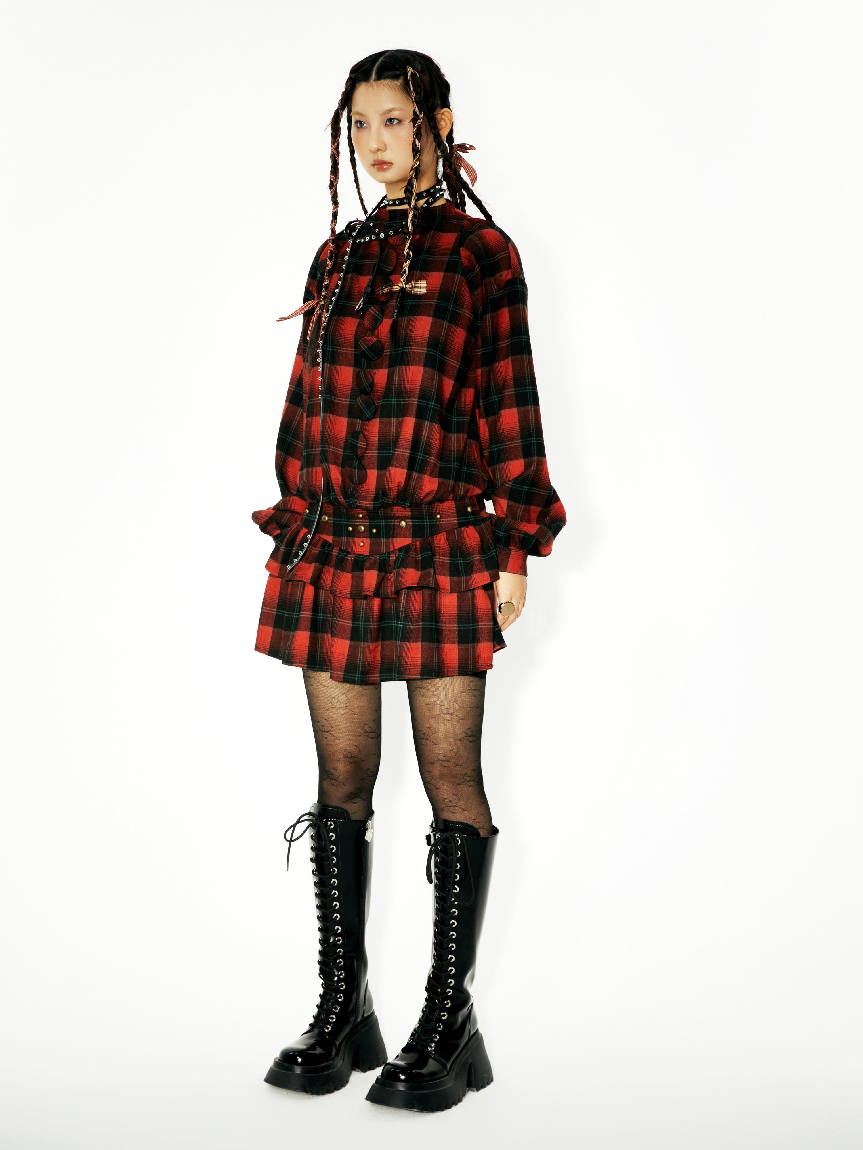 Plaid Big Button Low-Waist Switching Cake Dress