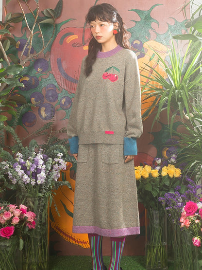 Cherry Embroidered Contrasting Knitted  Sweater ＆ A-Line Skirt