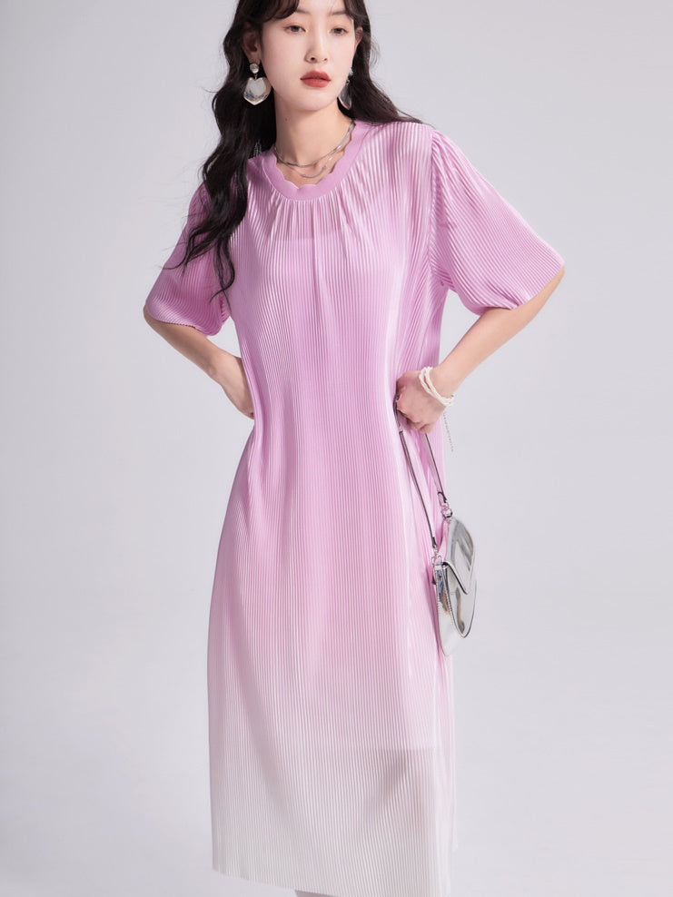 Gradient Pleated Loose Straight One-piece