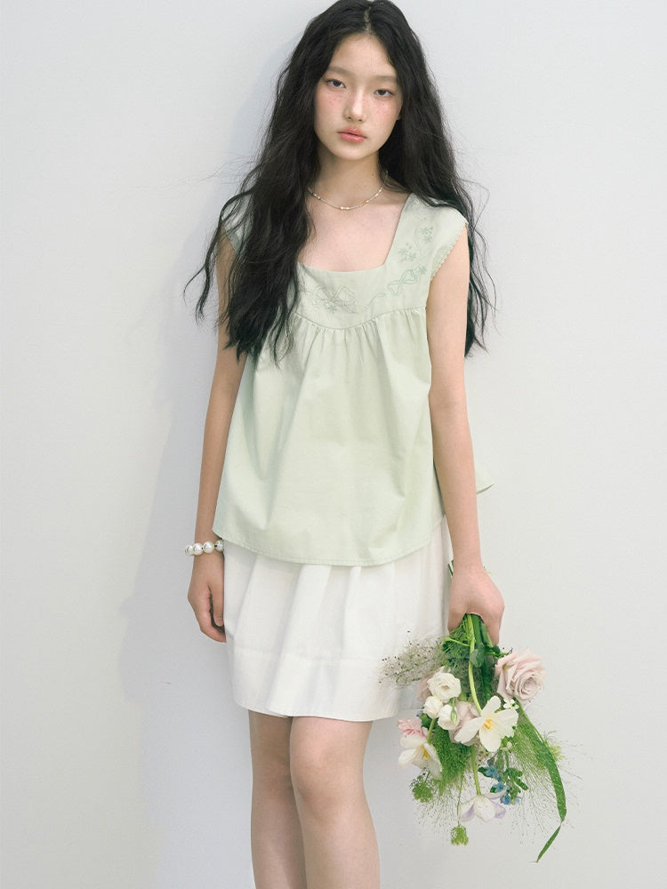 Bow Embroidered Lace Trim Square Neck Sleeveless Shirt