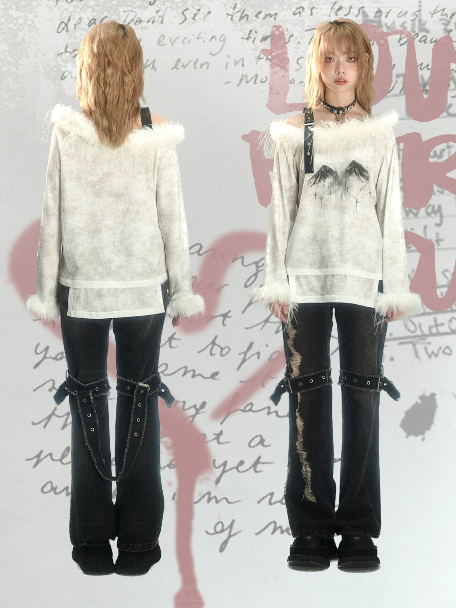 Fur Belt One-line Collar Printed Long-sleeved T-shirt