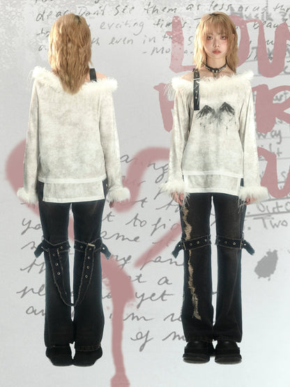 Fur Belt One-line Collar Printed Long-sleeved T-shirt