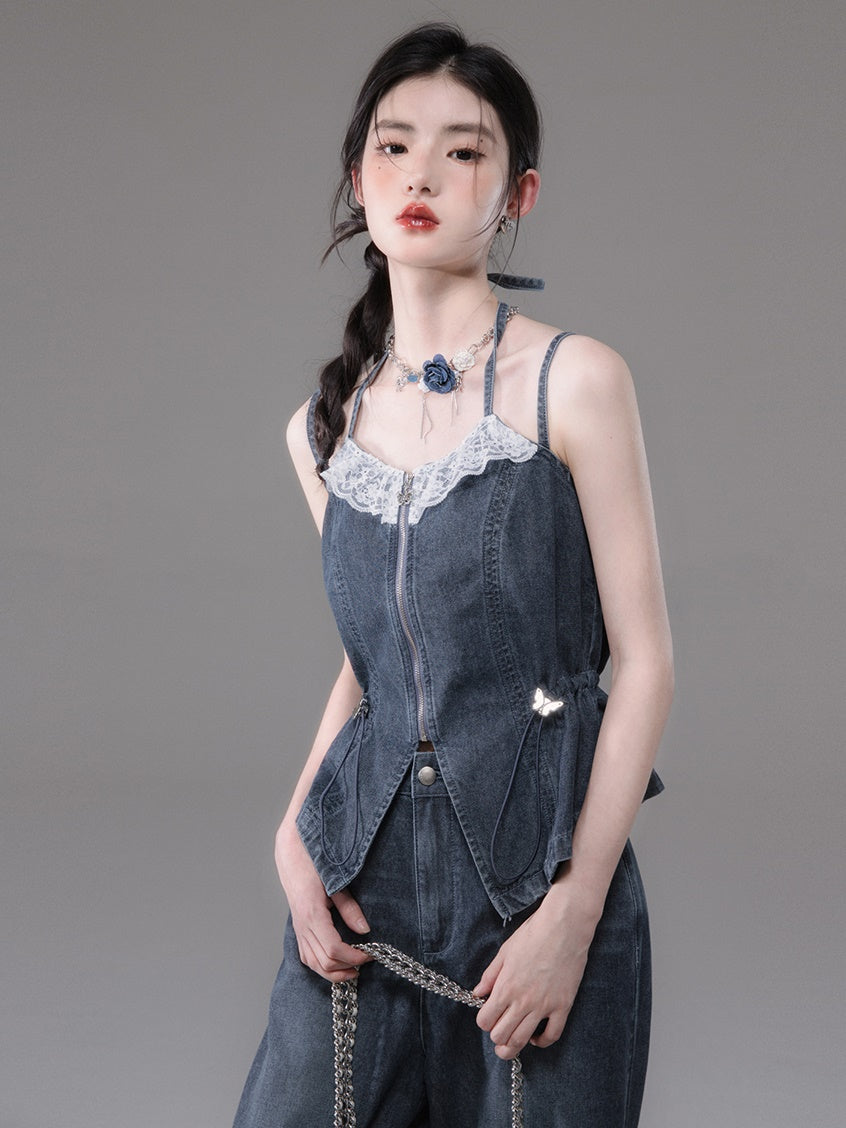 Double Strap Lace Stitch Denim Camisole ＆ Wide-Leg Jeans Set-up