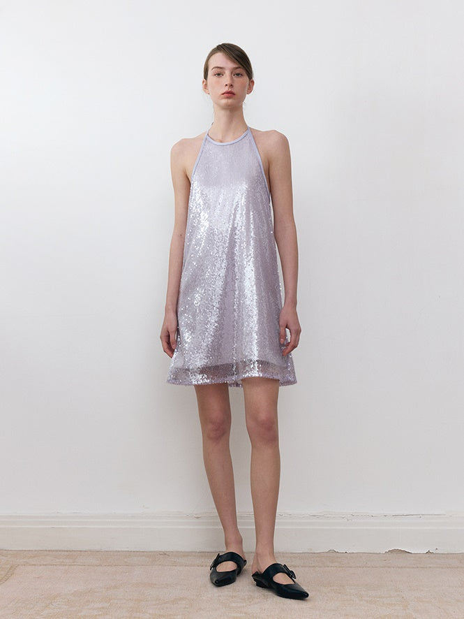 Pearlescent Three-dimensional Sequin Halter Neck Dress