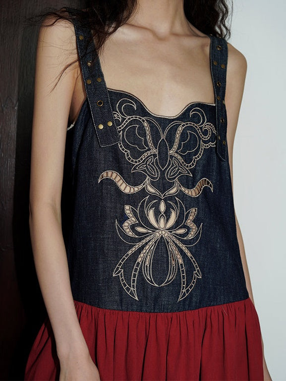 Denim Stitching Embroidery Loose Strap Dress