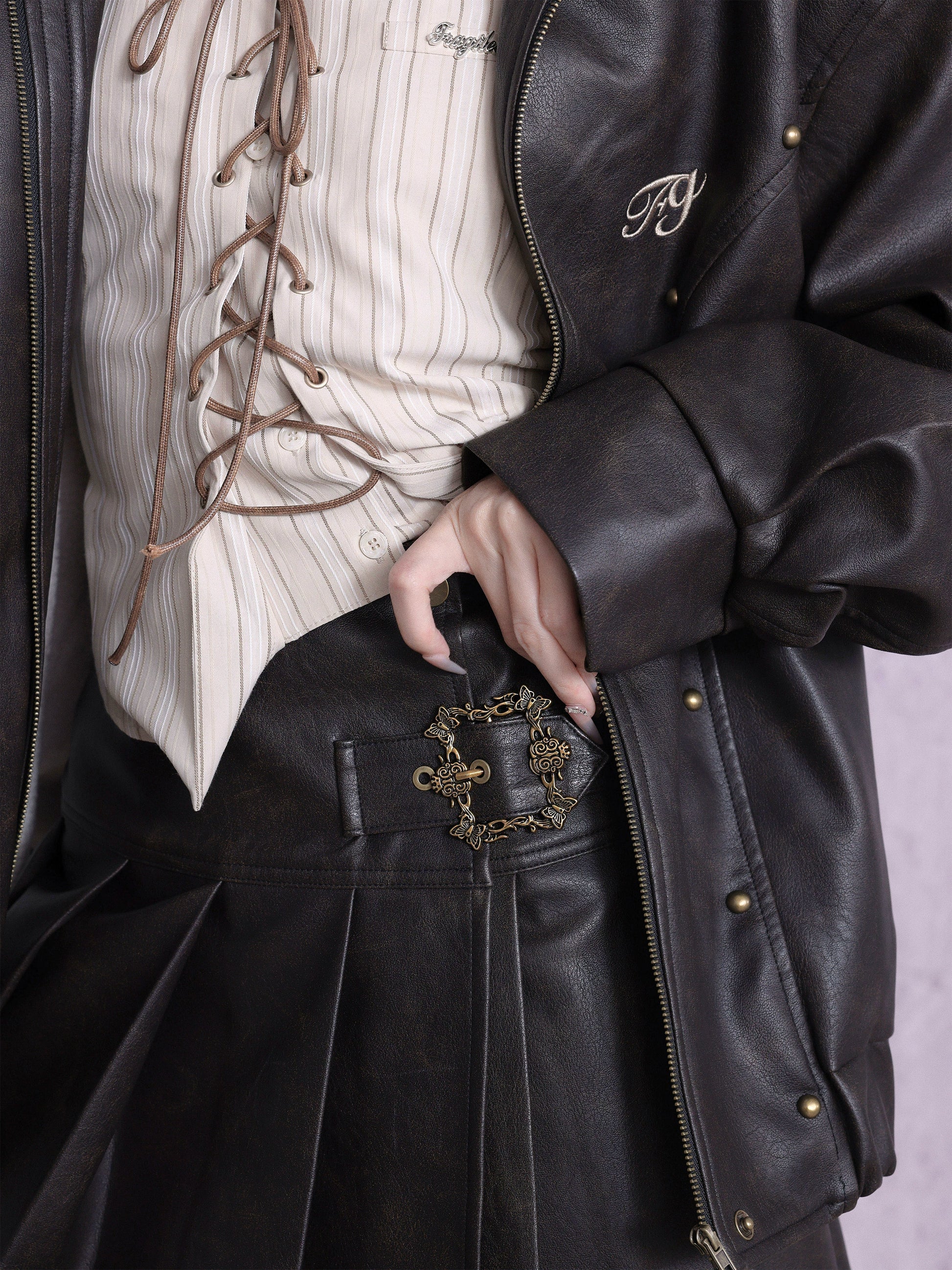 Plus Velvet Leather Jacket &amp; Pleat Skirt