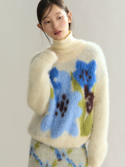 Flower Retro Crew-Neck Mohair-Knit