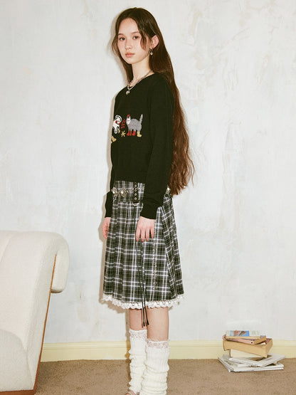 Lace Spliced Plaid A-Line Pleated Skirt