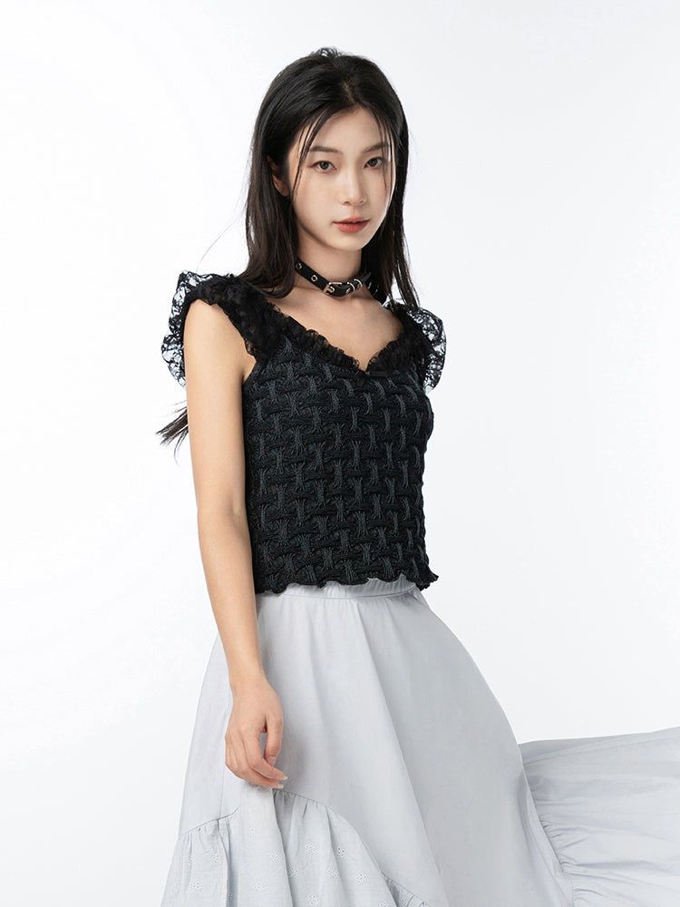 Lace Flying Sleeve Denim Top