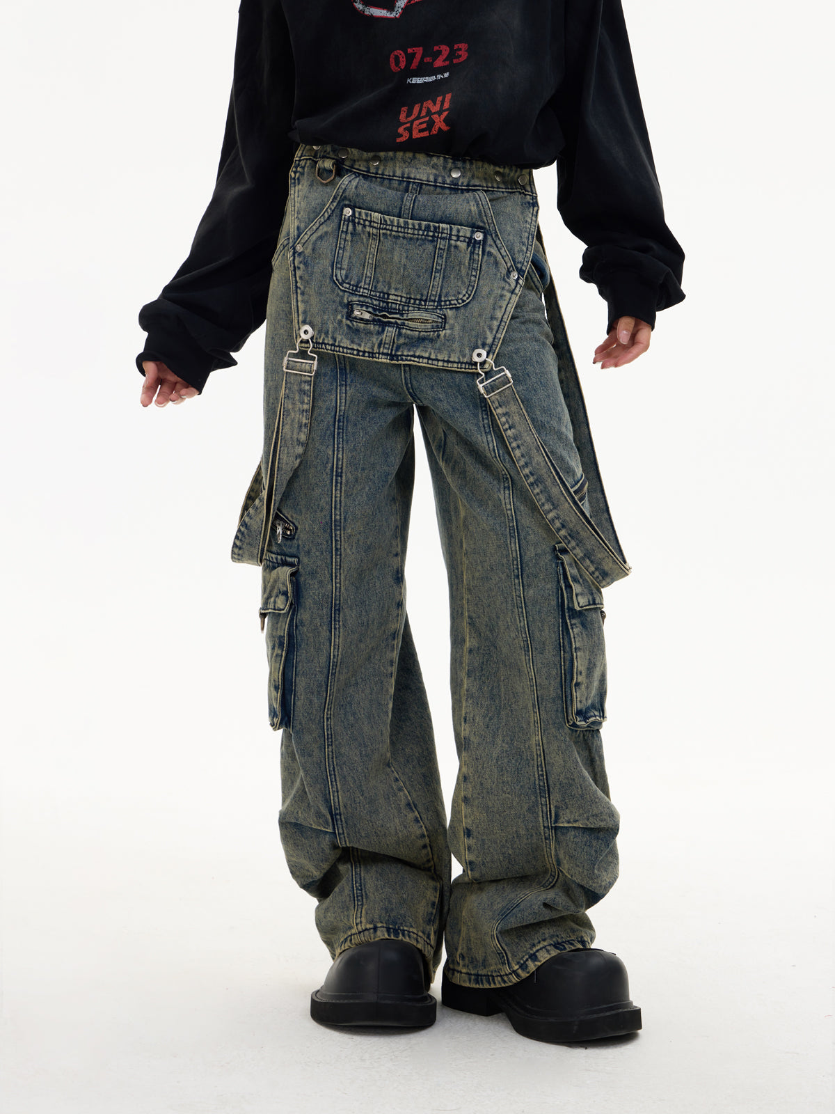 Detachable Suspender Washed Multi-pocket Cargo Jeans