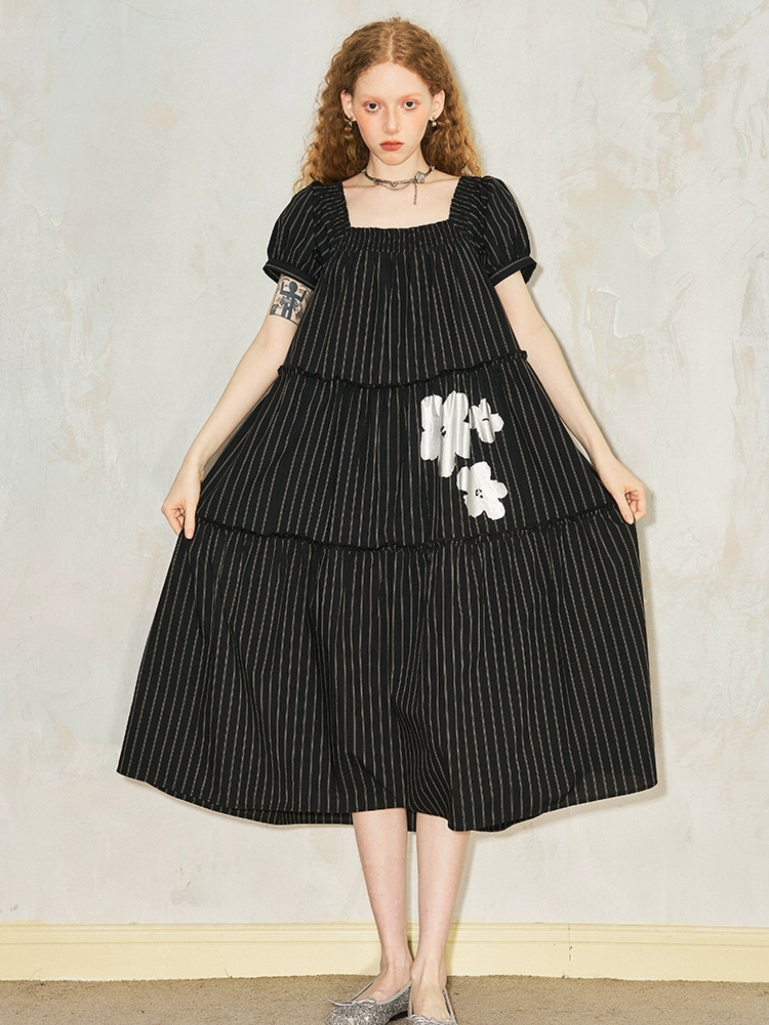 Puff Sleeve Flower Stripe Loose Tiered One-piece