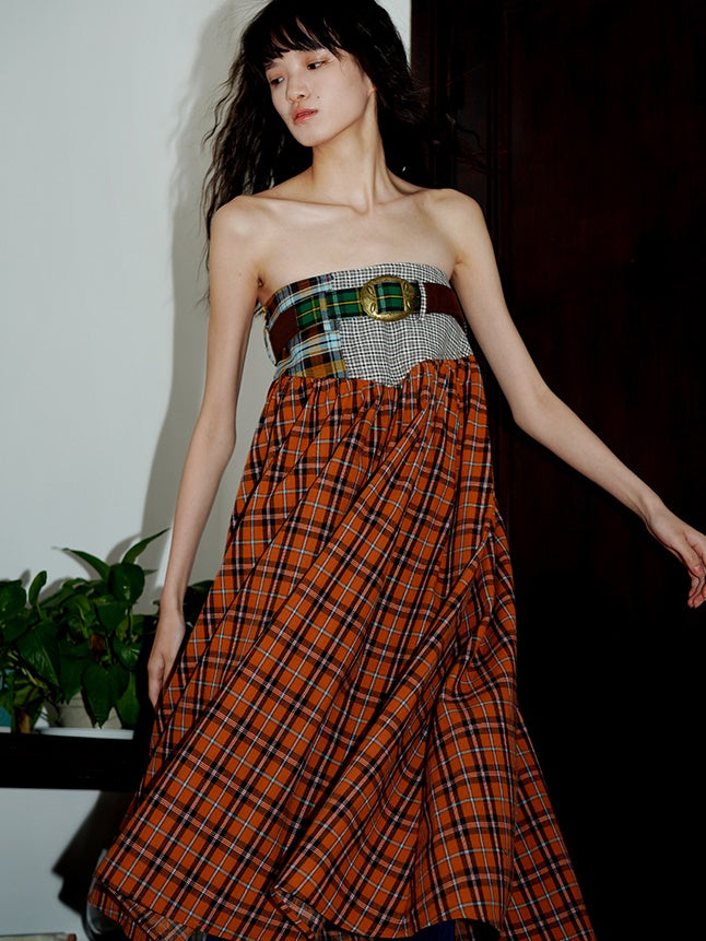 Retro Plaid Stitching Long Skirt With Belt