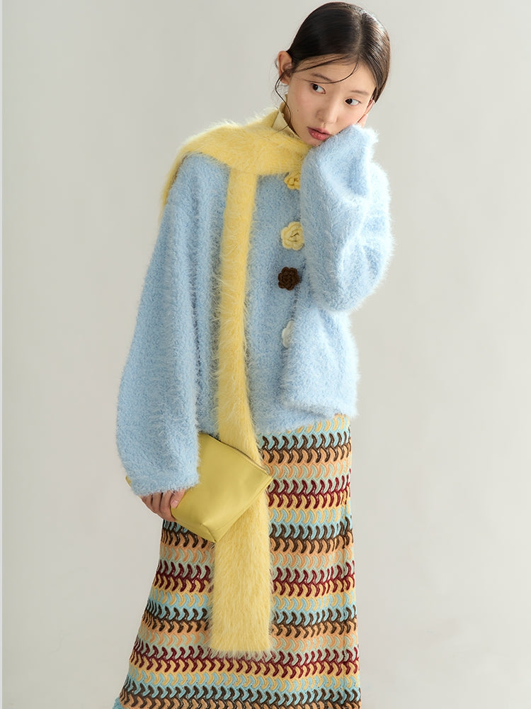 Flower-Motif Retro Sweet Loose Mohair-Knit