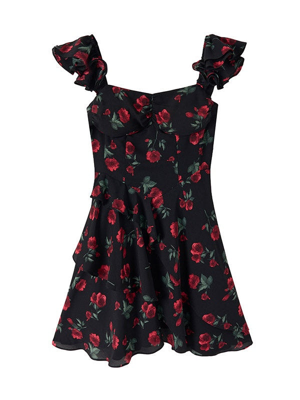 Robe de sangle de poitrine de ceinture à floral rose